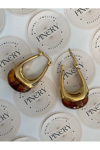 Vintage Kahverengi Taşlı Sallantılı Oval Paslanmaz Çelik Kadın Kü Altın