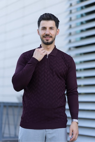 Hk Premium Erkek Triko Kazak Zikzak Desenli Polo Yaka Fermuarlı Slim Fit Bordo