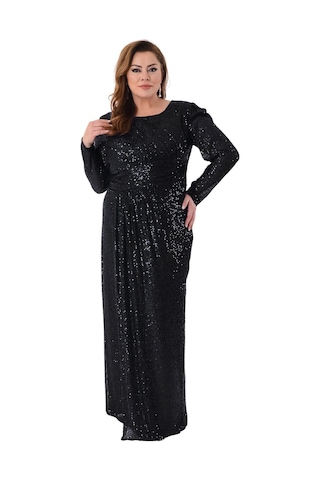 Lilas Xxl Kadın Büyük Beden Full Pul Payet İşlemeli Uzun Abiye Elbise 2482 Siyah Siyah