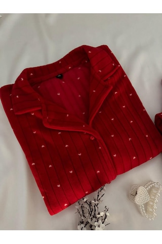 Mh Moony Homewears 2'li Kırmızı Kalpli Kışlık Termal Polar Sevgililer Günü Hediyesi Pijama Takımı Kırmızı