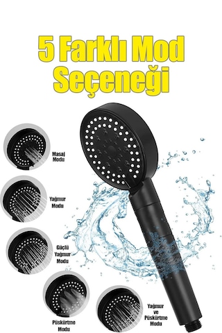 5 Fonksiyonlu Duş Başlığı+ Siyah Duş Askısı+ 150 Cm Siyah Hortum Siyah