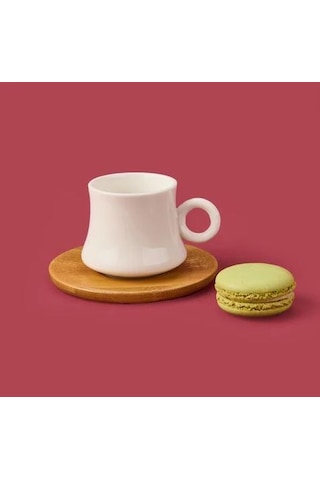 Mien-23405 Bambu Tabaklı 6lı Kahve Fincan Takımı Ahşap - Beyaz