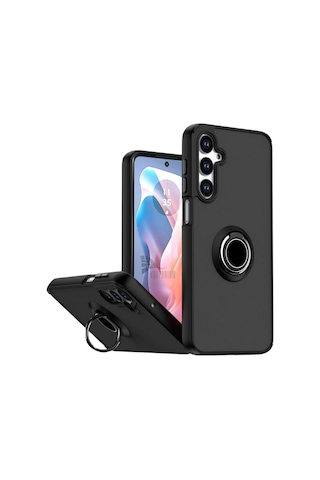 Samsung Galaxy A57 Uyumlu Kılıf Yüzüklü Standlı Extra Darbe Koruma Sert Silikon Kapak - Siyah Siyah