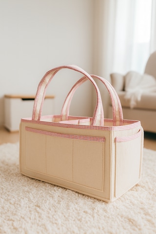Anne Bebek Kalın Keçe Bakım Çantası Yenidoğan Için Organizer Düzenleyici Çok Amaçlı Bej Pembe Overlok Detay