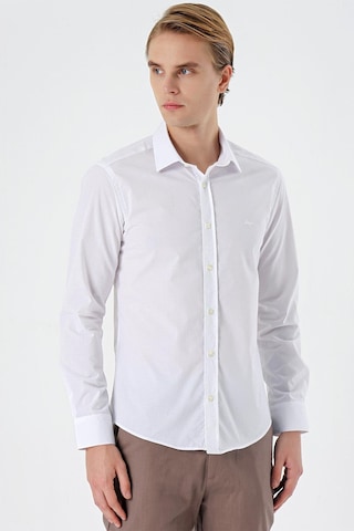 İmza Beyaz Uzun Kol Filafil Desen Filafil Sert Yaka Cepsiz Pamuklu Basic Slim Fit Gömlek 1004245008 Beyaz