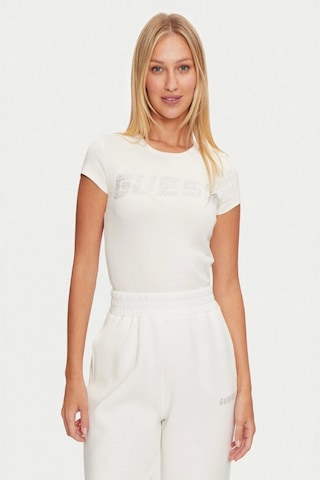 Guess Kadın Beyaz Logolu T-shirt Krem
