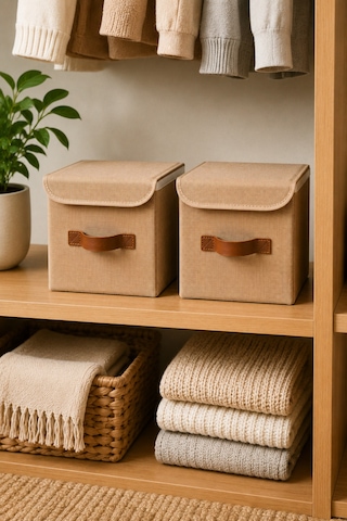 2li Kapaklı Jüt Organizer Kutu Seti 20x20x20 Cm Katlanabilir Düzenleme Kutusu Organizer Seti Dolap, Raf Ve Banyo Düzeni İçin Doğal