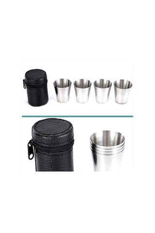 Omeniv Çelik 4 Bardak Shot Set Viski Şarap Votka Kamp Outdoor Gri