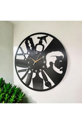 AA Shop Berber Kuaför Ahşap Siyah Renk Sade Sayılı Hediyelik Sessiz Duvar Saati 50cm Siyah