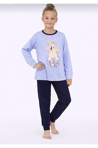 Kız Çocuk Baskılı Uzun Kollu Pijama Takımı Sevimli Ev Giyimi-8408- Mavı