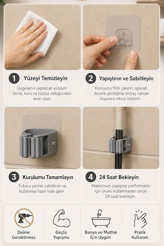 Yapışkanlı Mop Askısı Süpürge Paspas Tutucu Duvar Organizer Düzenleyici Banyo 6 cm