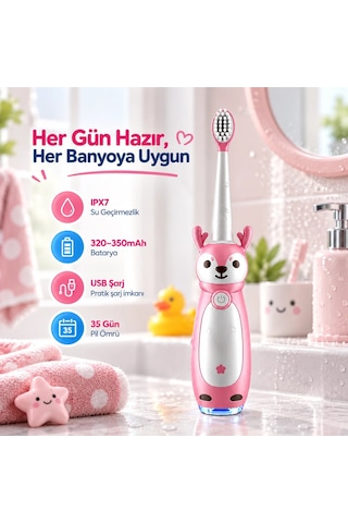 Venandın Pofidik Sevimli Geyik Tasarımlı Çocuk Sonic Elektrikli Diş Fırçası Usb Şarjlı - Yumuşak Kıl