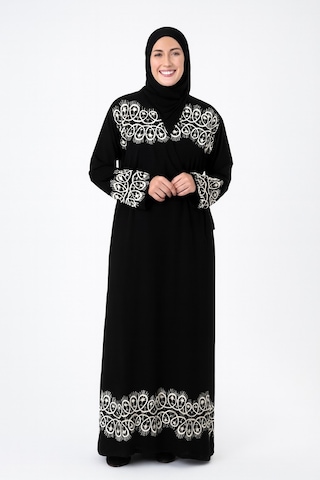 Halkalı Desenli Kruvaze Namaz Elbisesi Yandan Bağlamalı, Rahat Kesim 36 46 Beden Siyah