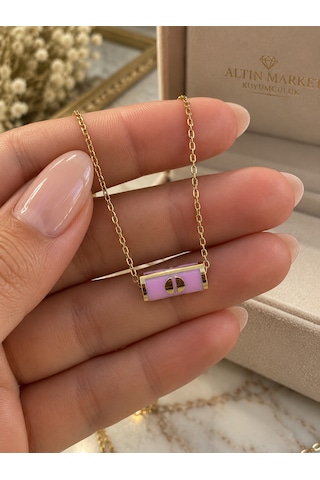 14 Ayartasarım Pembe Mineli Ve Gold Detaylı Silindirik Altın Kolye