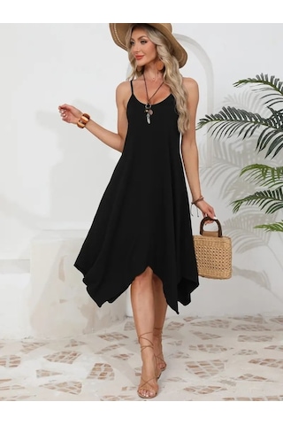 Kadın Ip Askılı Yuvarlak Yakalı Asimetrik Kesim Viskon Elbise Siyah