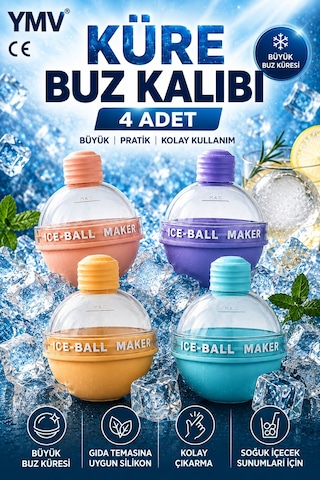 Ymv 4 Adet Küre Buz Kalıbı Büyük Yuvarlak Buz Topu Kalıbı Kahve Kola Soğuk İçecek Buzluğu Asorti