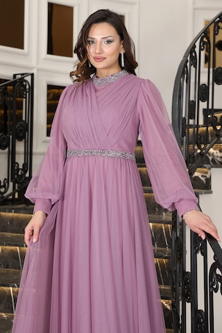 Senna Taş Detaylı Büyük Beden Şık Tesettür Abiye Lavanta