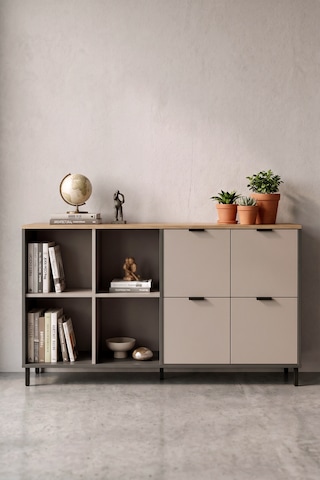 Robin Home Nexus 147x35 Cm Ofis Dolabı Klasör Dolabı Konsol Çok Amaçlı Dolap Metal Ayaklı Sepet-kumsal-antrasit Kahverengi