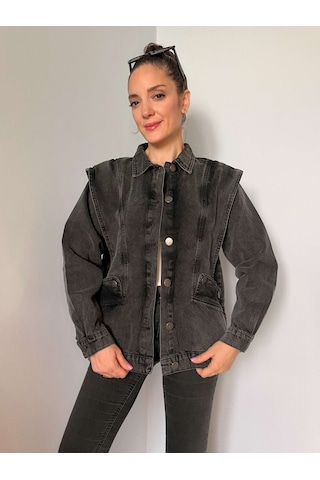 Antrasit Omuz Detaylı Tasarım Denim Ceket Antrasit