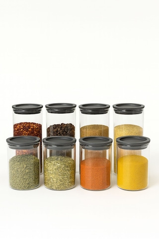 8 Lı Baharatlık Setı 70 X 100-70 X 160 Plastık Kapak-borosilikat Cam-cam Baharatlık 300 Ml+500 Ml Şeffaf - Beyaz