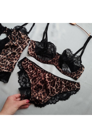 Leopar Tül Dantel Tanga Bodysuit Ve Leopar Dantel Detaylı Sütyen Takımı