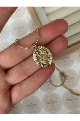 Oval Taş Işlemeli Yılan Paslanmaz Çelik Kararmaz Kadın Kolye Mo Altın