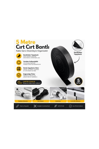Coofbe 5 Metre Cırt Cırt Kablo Düzenleyici Bant Kesilebilir Kablo Toparlayıcı Bağ Ve Tutucu Kablo Düzenleyici