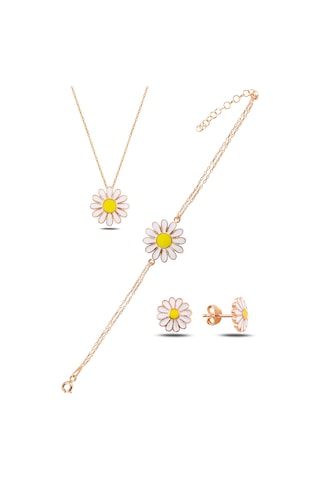 Çekirdekjewelry 925 Ayar Gümüş Rose Papatya Kolye Bileklik Küpe Seti Sarı Mineli Çiçek Takım Pembe