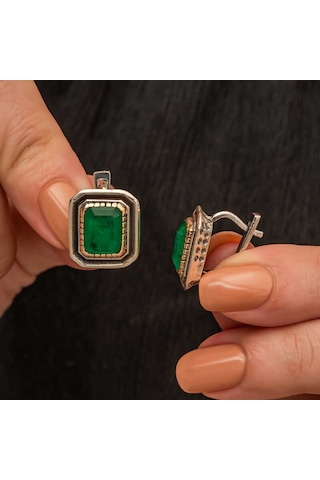 Gümüş Yeşil Taşlı Otantik Kadın Küpe Gümüş