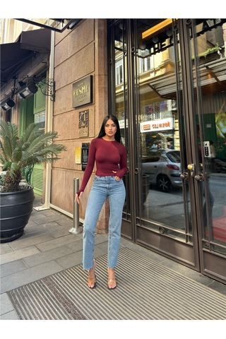 WeShaya Kadın Bordo Bisiklet Yaka Uzun Kollu Parmak Geçmeli Viskon Badi Tişört Bordo