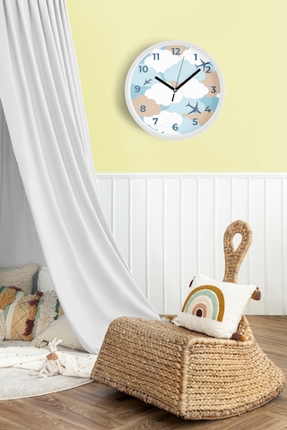 Uçak Tasarımlı Çocuk Odası Duvar Saati - 35cm - Önü Camlı Beyaz Kasa - Sessiz Mekanizma Beyaz