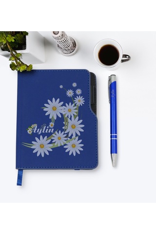 Kişiye Özel Papatya Temalı Lacivert Termo Deri Defter Kalem Seti- N11.136