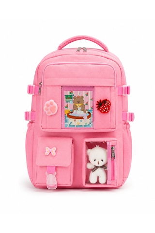 Quovo Kawaii Kore Tarzı Full Aksesuarlı Yerli Günlük Okul Çantası Kız Erkek Beslenme Kalemlik Çanta Seti Pembe