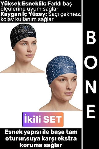 Bone Konforlu Esnek Yumuşak Havuz Deniz Yüzme Kaygan İç Yüzey Şık Su Geçirmez Saç Bonesi İkili Set Çok Renkli