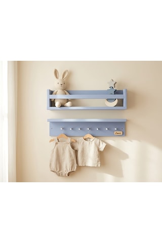 50 CM İkili Montessori Ahşap 50x10 Cm Duvar Rafı, İsme Özel Çocuk Odası Kitaplık Ve Askılık, Dekoratif Duvar Rafı, İkili Montessori Ahşap Çocuk Rafı. Mavi