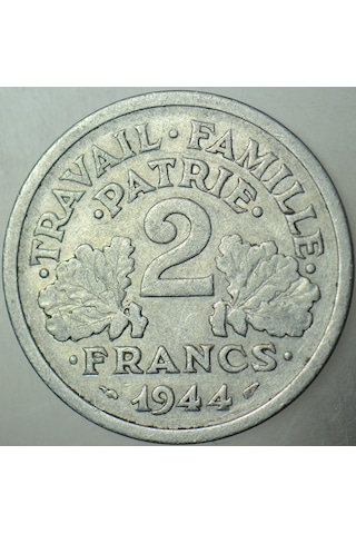 Fransa 2 Frank 1944 B. En Az Çıkan Tarih Ve Harf. Iı. Dünya Savaşı Nazi İşgali.