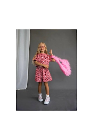 Poala Kids Pembe Leopar Şort Crop Takım