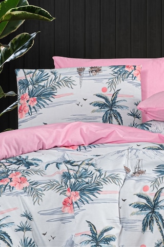 Mystory Home Lastikli Çarşaflı Çift Kişilik Nevresim Takımı Palmiye Mavi - Pudra