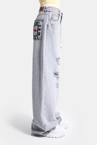 it's basic Kadın Gri 12s6-12 Süper Baggy Fit Yırtık Ve Nakış Detaylı Özel Tasarım Denim Jean
