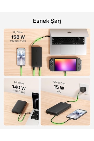 Belkin Ultracharge Pro 25000 Mah Dijital Ekranlı, 1 X Usb-c Bağlantı Noktası + Entegre Kablo, 1 X Usb-a, 158 W Pd, Powerbank Siyah