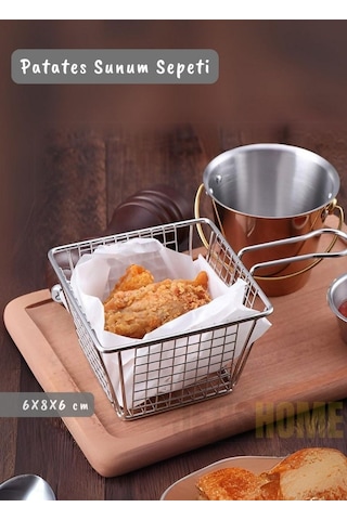 Kare Patates Sunum Sepeti Paslanmaz Çelik Patateslik Kızartmalık 6x8x6 Cm Gri
