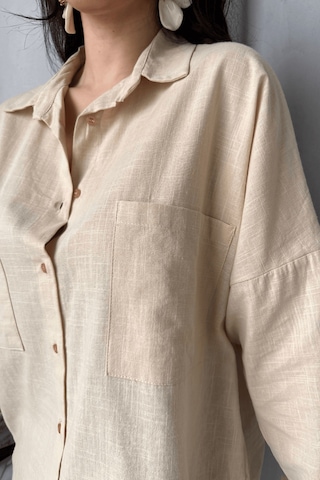 Paw Garage Kadın Harper Çift Cepli Oversize Keten Gömlek, 2025 Summer Collection Taş