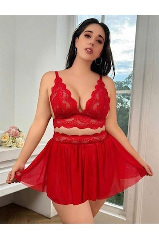 E-bulurum Kadın Closet Özel Tasarım Büyük Beden Kırmızı Dantel İşlemeli Dekolteli Etekli Sütyen Takımı