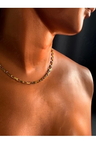 Dikdörtgen Zincirli Gold Choker Çelik Kolye Choker Serisi