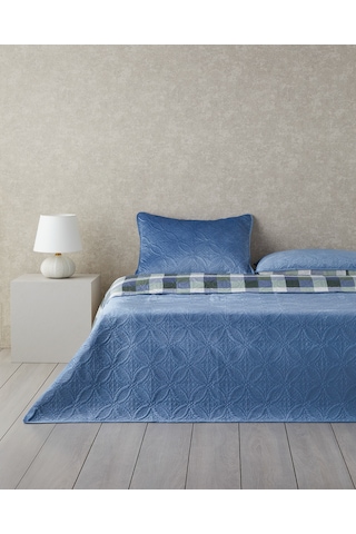 Ornate Check Çift Taraflı Kadife Çift Kişilik Yatak Örtüsü Takımı Koyu Mavi Koyu Mavi