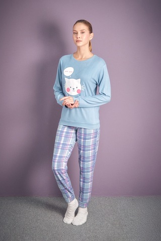Fullamoda Kedi Nakışlı Bisiklet Yaka 2 Li Pijama Takımı 24mıcg631125732-mavi Mavi