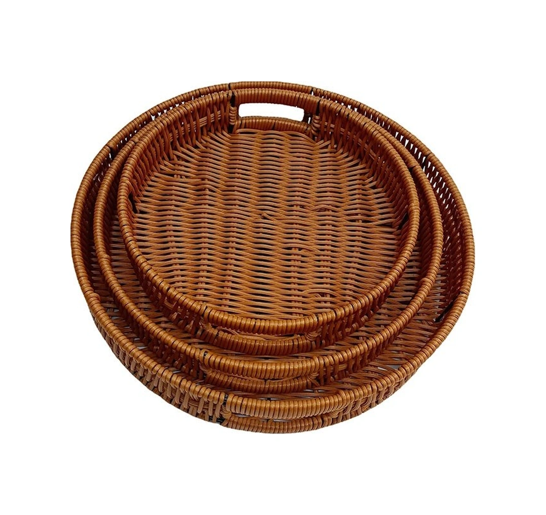 Qerhome 3lü Rattan Servis Tepsisi Yuvarlak 20-25--30 Cm Kahverengi