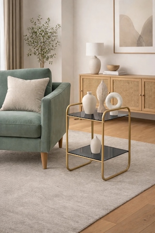 Odessa Yan Sehpa - Gold Metal Modern Yan Sehpa Füme Camlı Şık Salon Sehpası Gold