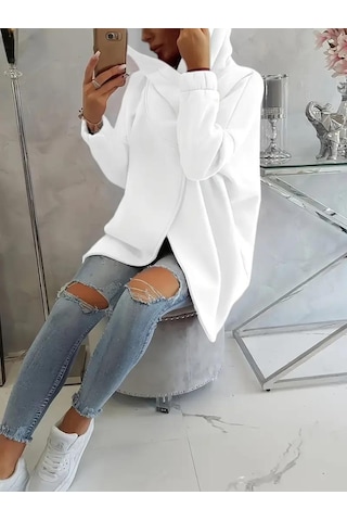 Beyaz Kadın 3 İplik Şardonlu Kapüşonlu Ceket Asimetrik Fermuarlı Oversize Beyaz