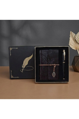 Kutulu Deri Defter Ve Metal Roller Kalem Seti - Yaprak Desenli - Baskıya Uygun 1